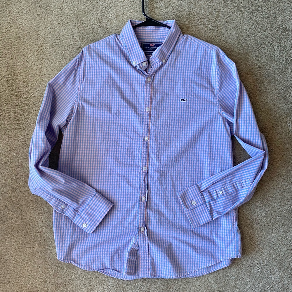 New vineyard vines button down pink blue check Slim fit whale shirt